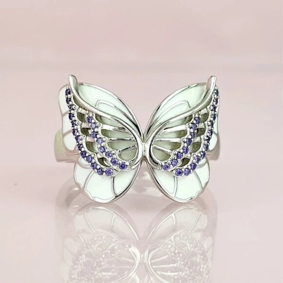 🎁Sweet White Butterfly Anillos Silver Plated Ring for Women/Girl, UNVN12339 - Picture 3 of 15